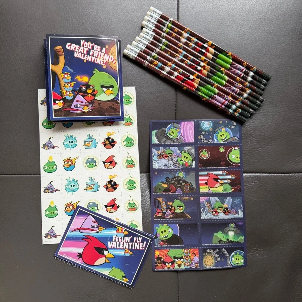 Angry Birds SET Pencils Valentine Cards Temporary Tattoos Video Game Merchandise